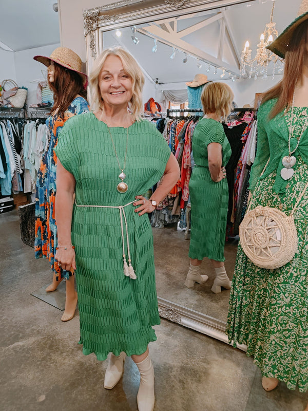 Crinkle midi dress with rope belt