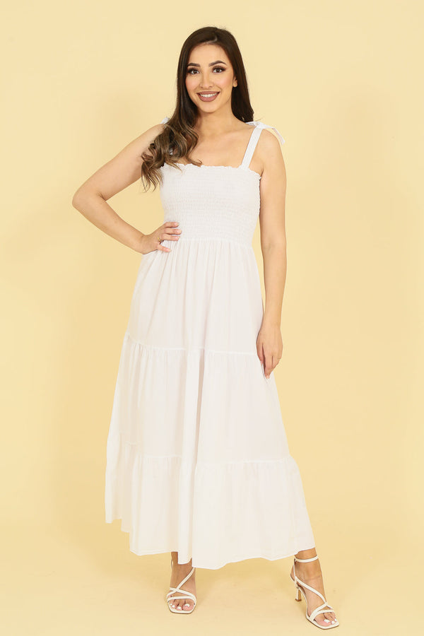 Cotton shirred bust cami strap tiered maxi dress White