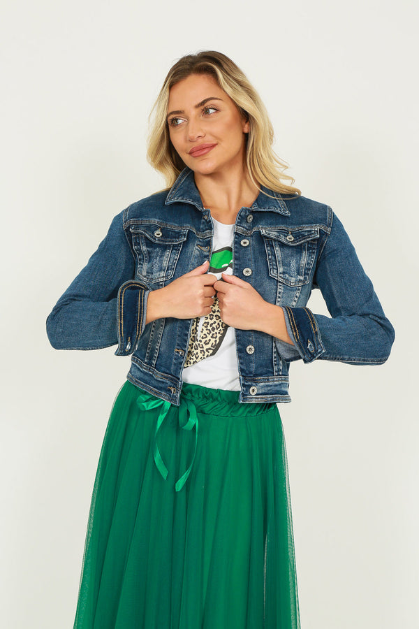 Mid blue cropped stretchy denim jacket